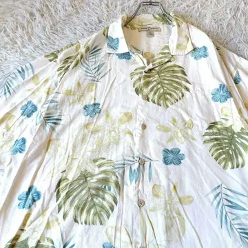 90s XXL 타미힐피거 실크 대형 올 패턴 오픈 카라 보타니컬 하와이안 셔츠