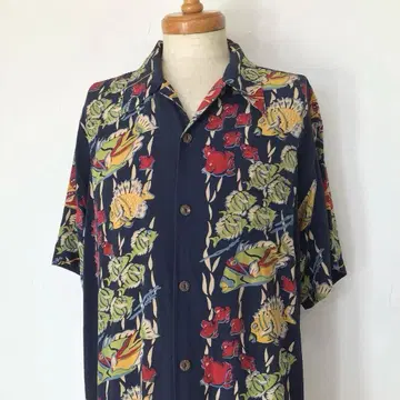90s AVANTI 알로하 셔츠 물고기 패턴 네이비 Hawaii 레이온