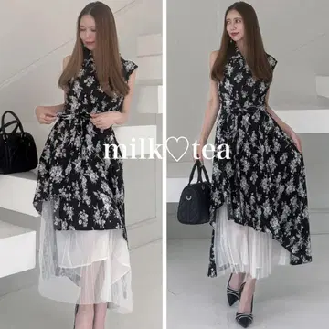 로얄 파티 시어 플리츠 도킹 플라워 셔츠 원피스 블랙