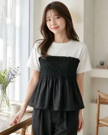 페플럼 상의 반팔 블라우스 체형 커버 블랙 프리 사이즈