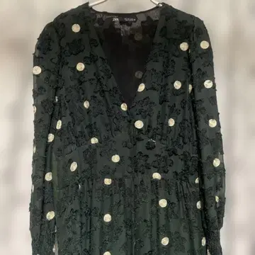 ZARA 플로키와 도트 자수 롱 원피스 도트 무늬 셔링 소매 L