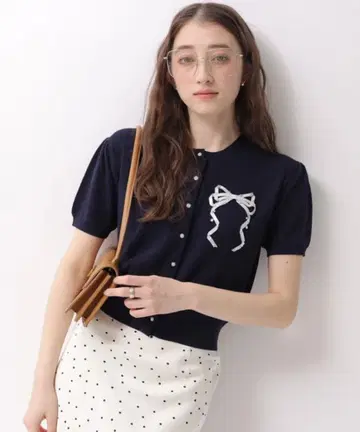 Rirandture 하프 슬리브 리본 자수 가디건 풀오버 네이비