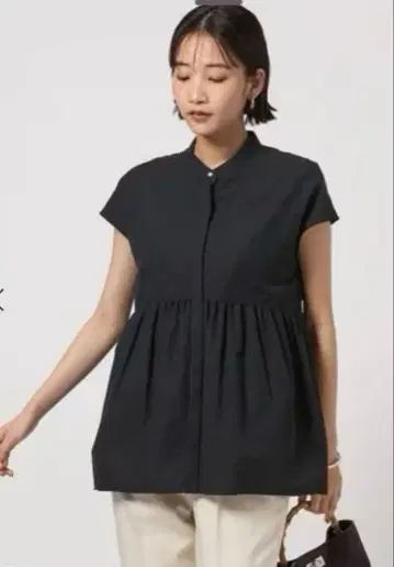 스탠드넥 페플럼 프렌치 슬리브 블라우스