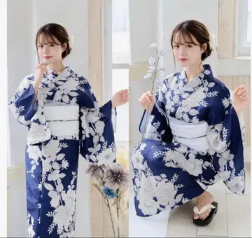 안데지르 유카타 4점 세트 스카이블루 파랑 꽃 수묵 주름 병아리 오비