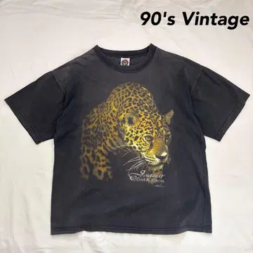90s 빈티지 재규어 프린트 티셔츠 페이드 블랙 애니멀