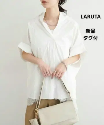 택 포함 새상품 LARUTA 돌먼 스키퍼 셔츠 칠부 소매 화이트 코튼