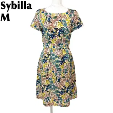 [새상품급] Sybilla 반팔 원피스 실크 혼방 M 베이지 x 멀티 꽃 올 패턴