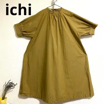 ichi 롱 원피스 반팔 카멜 개더 버튼 블라우스 코튼