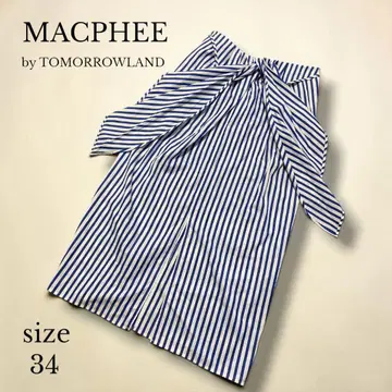 [MACPHEE] 스트라이프 무릎 기장 스커트 34 블루 리본
