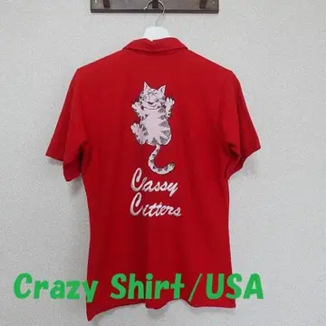 USA 구제 의류 Crazy Shirt 밤 고양이 반팔 피케 셔츠 자수 S