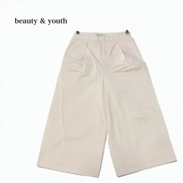 뷰티 앤 유스 와이드 팬츠 면 100% 심플 무지 화이트 칠부 기장