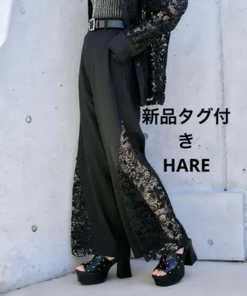 HARE 플라워 레이스 절개 팬츠 프리 블랙 와이드 플레어 팬츠