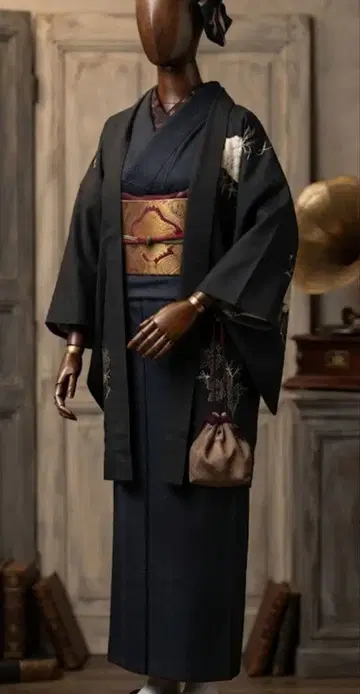 검은색 바탕 은박 모란 자수 하오리 앤티크