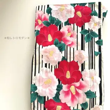 *유카타*단품*화 레트로 모던*동백꽃 패턴*블랙 스트라이프*