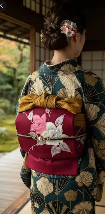 나고야 오비 심홍 꽃 자수 화려한 앤티크