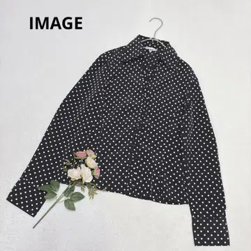 이마쥬 도트 무늬 V넥 프릴 긴팔 셔츠 블라우스 쇼와 레트로 블랙 M
