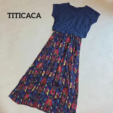 티티카카 도킹 맥시 길이 원피스 반팔 네이비 동양풍 패턴 올 패턴 프리