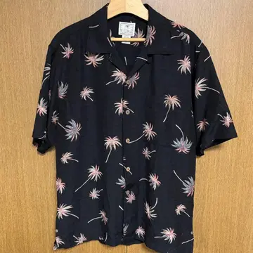 [ 최고 배색 ] LUAU 실크 혼방 하와이안 셔츠 야자수 올 패턴 블랙 L 상당 하와이