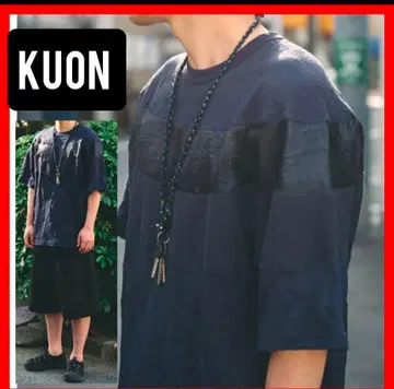 KUON 쿠온 아세테이트 와시 절개 보더 반팔 T셔츠 L 네이비