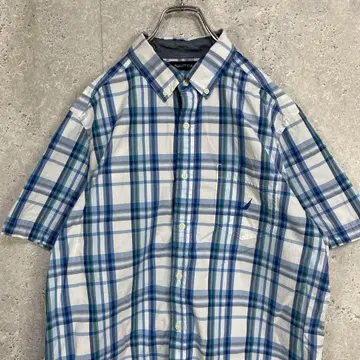체크 셔츠 반팔 올 패턴 NAUTICA 블루 계열 L