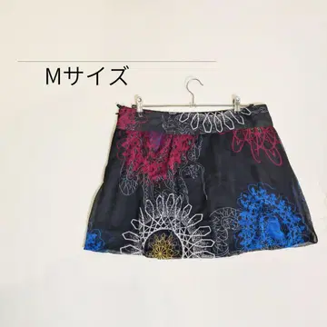 올 패턴 꽃무늬 벌룬 미니 스커트 M 블랙 멀티 컬러 로우라이즈풍