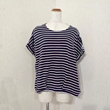 ikka 보더 돌먼풍 코튼 티셔츠 M 네이비 x 화이트