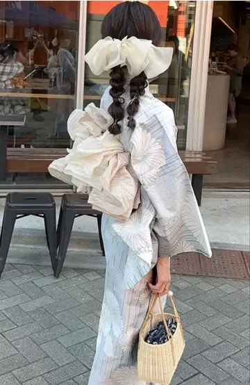 여성용 유카타 오비 세트 그레이 바탕 꽃무늬 헤코오비