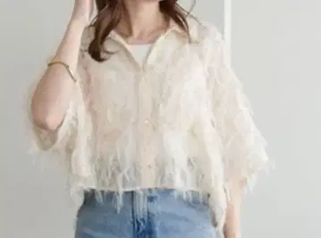 Discoat 시어 프린지 반팔 셔츠 아이보리