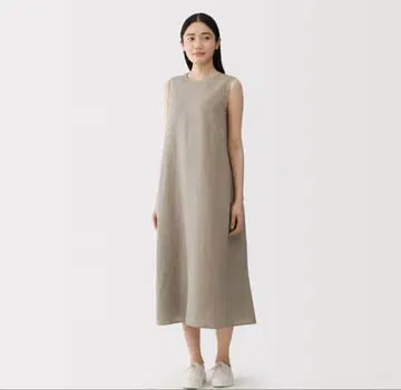 MUJI 린넨 워싱 슬리브리스 원피스 모카 브라운