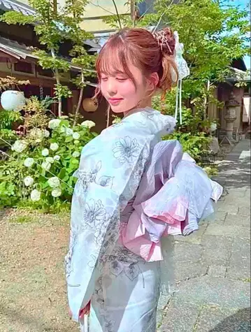 여성용 유카타 오비 세트 꽃무늬 그레이 헤코비