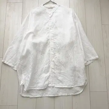 새상품급 컨팩트 린넨 100% 밴드 카라 7부 소매 셔츠 3 화이트