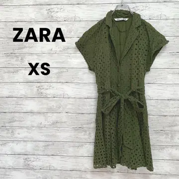 [ ZARA ] 자라 미니 원피스 ( XS ) 전체 레이스 카키 허리 리본