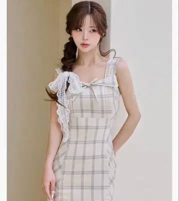 Darich 오픈 리본 체크 롱 원피스