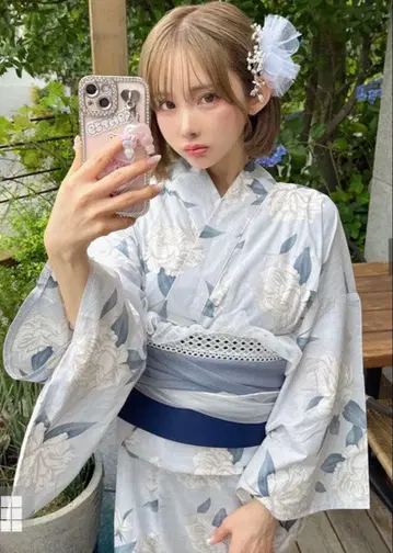 GRL 장미 유카타 세트 스카이블루 블루 파랑 오비 리본 세트 그레일