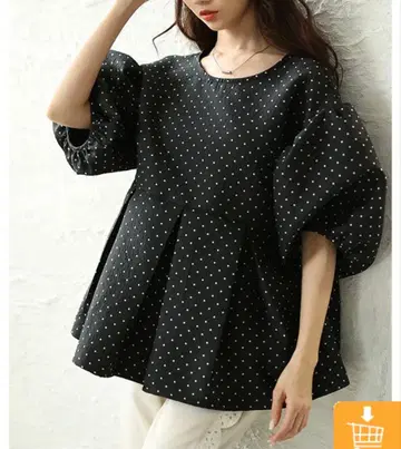 도트 무늬 퍼프 슬리브 블라우스 블랙 M-L
