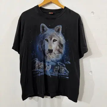 [ vintage ] 늑대 프린트 반팔 T셔츠 블랙 구제 의류 빈티지