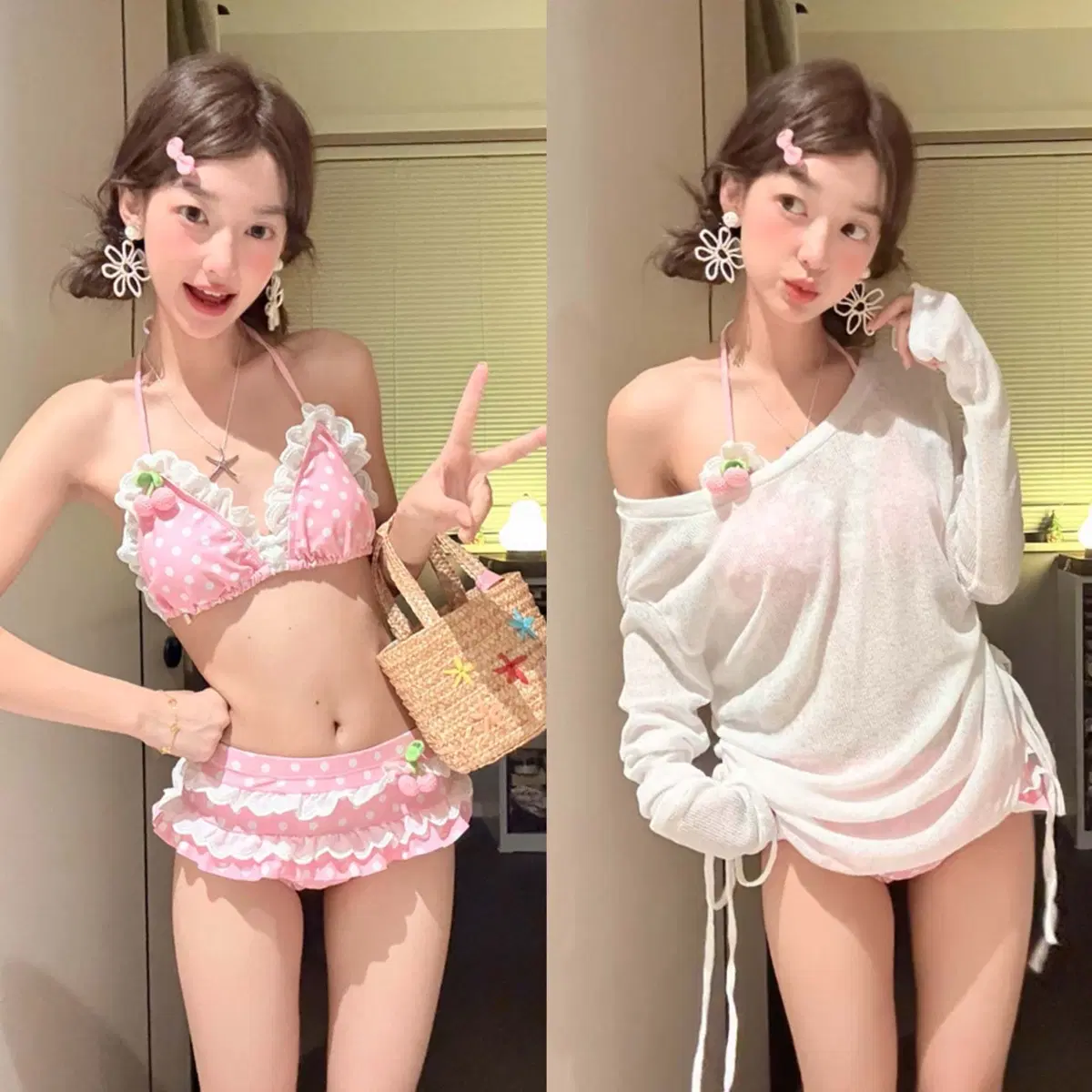체리 핑크 물방울 비키니 세트 러플 치마 끈조절 긴팔 커버업