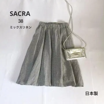 SACRA 사쿠라 믹스 린넨 보더 무늬 플레어 스커트 38 무릎 아래 일본제