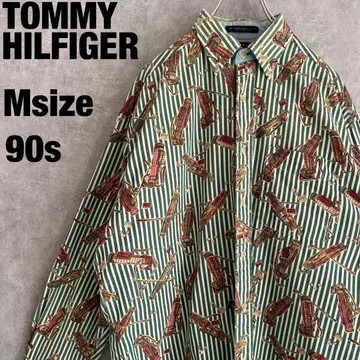 90s 타미힐피거 M 올 패턴 셔츠 그린 화이트 스트라이프 골프 패턴 자수