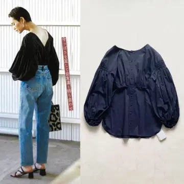 ETRE TOKYO 백 카슈쿨 블라우스 네이비