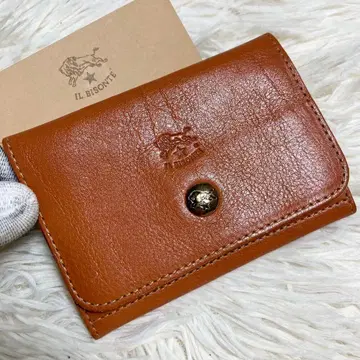 [ 컨디션 최상 ] IL BISONTE 명함지갑 카멜 브라운 가죽 골드 버튼