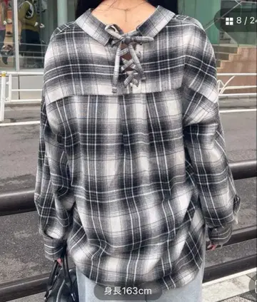 백 레이스업 체크 무늬 긴팔 셔츠