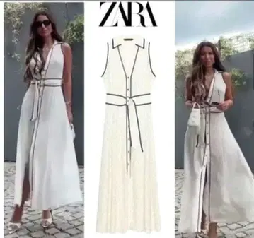 ZARA 자라 도트 무늬 배색 파이핑 롱 원피스 화이트 XS