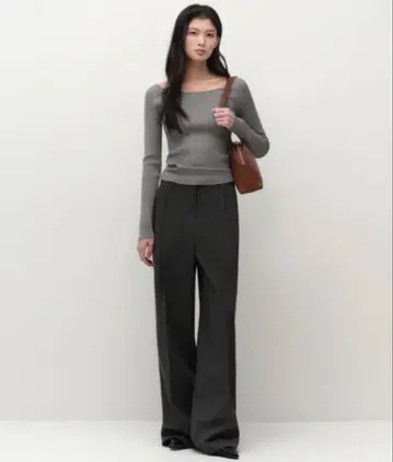 우먼 핀스트라이프 딥 턱 와이드 슬랙스 [그레이]