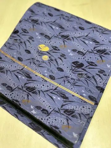 순수 실크 후쿠로 오비 조개 문양 청보라 계열 육통 무늬 폭 31cm 길이 395cm