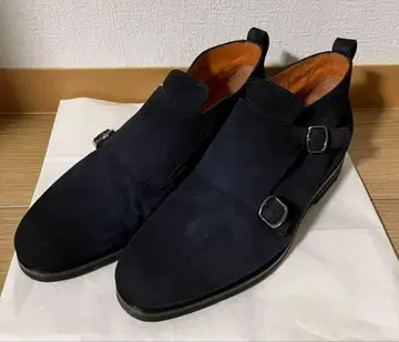 Santoni 네이비 스웨이드 더블 몽크 스트랩 신발