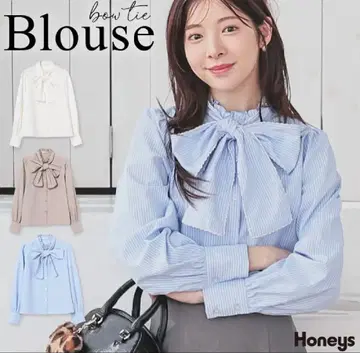 Honeys 보타이 블라우스 긴팔 화이트