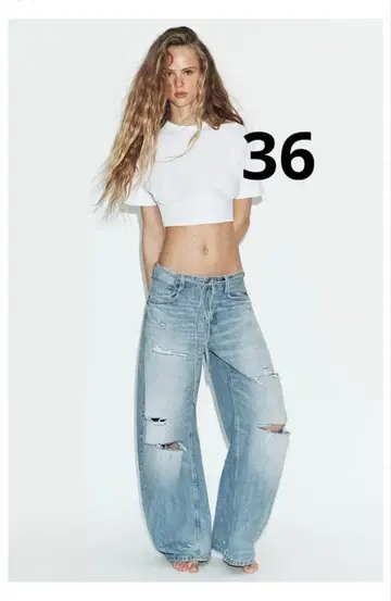 완판템 ZARA TRF 데미지 가공 미드 라이즈 배기진 36