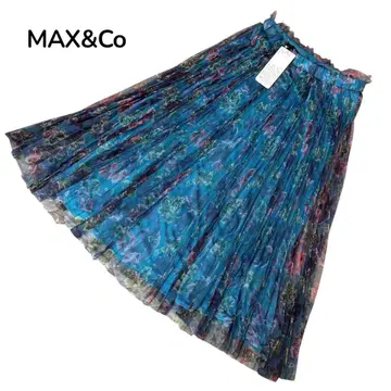 미사용 MAX&Co 롱 스커트 튤 플리츠 시어 꽃무늬 파랑 S