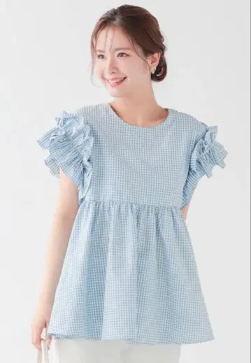 새상품급 fitmore 소매 프릴 깅엄 페플럼 블라우스